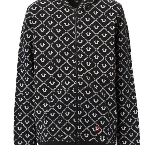 True Religion New Black & White Logo-Print Full Zip-Up Hoodie Youth MEDIUM - Picture 8 of 9